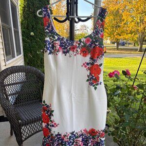 White Floral Sheath Dress, Knee Length, Size L